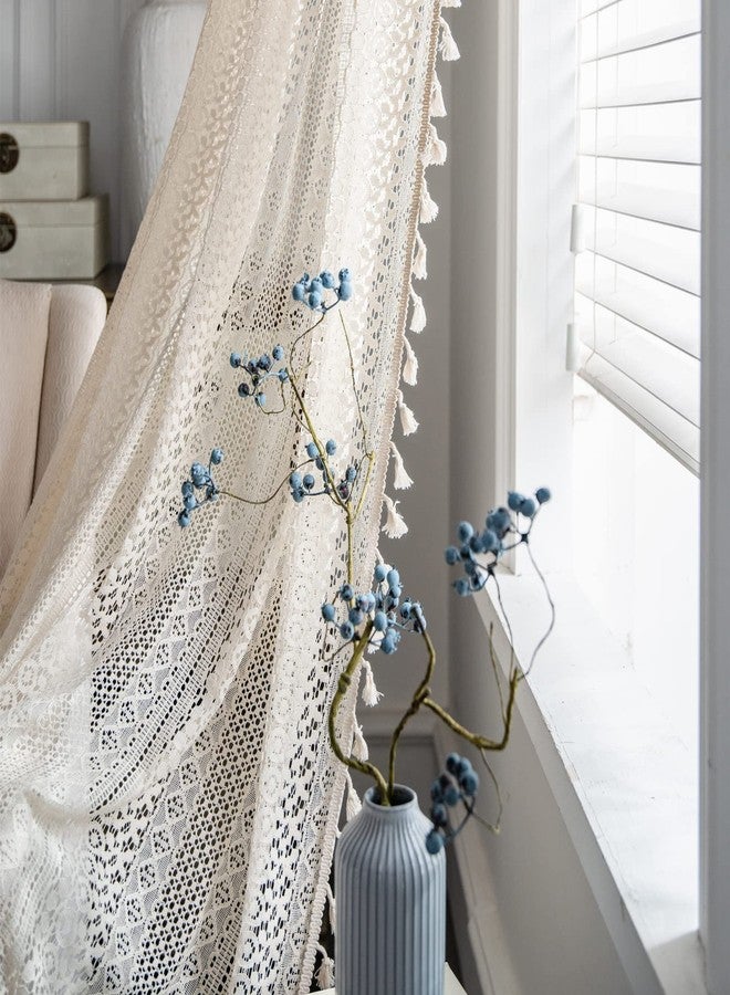 HSOFTIFY Boho Crochet Curtains 2 Panels, 63 inch Long Bohemian Lace Semi-Sheer Curtains & Drapes with Vintage Tassels for Bedroom & Living Room (59" x 63" Beige) - Image 3